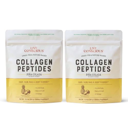 Image of Live Conscious Collagen Peptides Powder - Pina Colada Flavor - Type I & III for Hair, Skin, Nails & Joint Support - Grass-Fed Bovine - Women & Men, 30 Servings - 12.8oz (2-Pack)