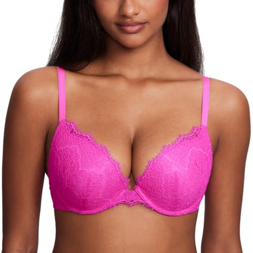DOBREVA Women's Push Up Bra Eyelash Lace Sexy Cleavage Underwire Support Plunge Bras