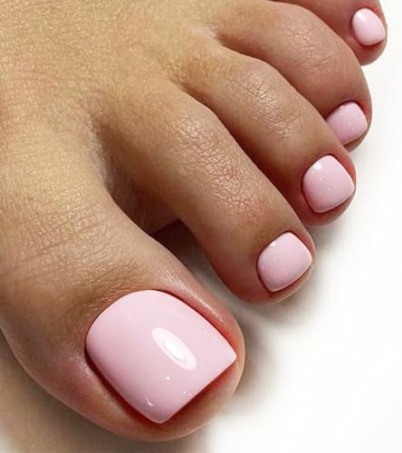 Morily Press on Toenails Light Pink Fake Toenails Short Acrylic Toe Nails Square Toes Nails Reusable Full Cover Beach Toesnails for Women - 28Pcs in 14 Sizes
