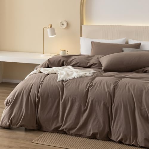 Jiyuan 100% Washed Cotton Duvet Cover Set Comfy Simple Style Soft Breathable Textured Durable Linen Feel Bedding For All Seasons Queen, Solid Brown thumb #2