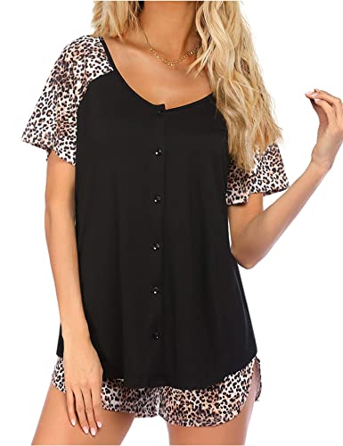 Image of Ekouaer Women's Pajama Short Sleeve Sleepwear Soft Pj Set Cotton Top and Shorts Pajamas Set