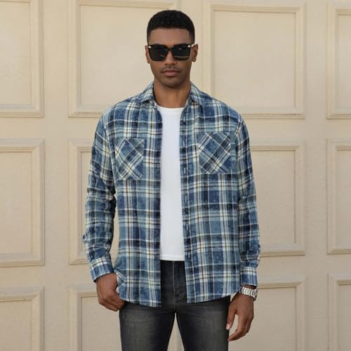 Image of WARHORSEE Flannel Shirt for Men Long Sleeve Button Down Plaid Shirts | Soft Cotton Blend for Multi-season Wear, Lightweight yet Warm, Dual buttoned storage pockets, Machine Washable Easy Care