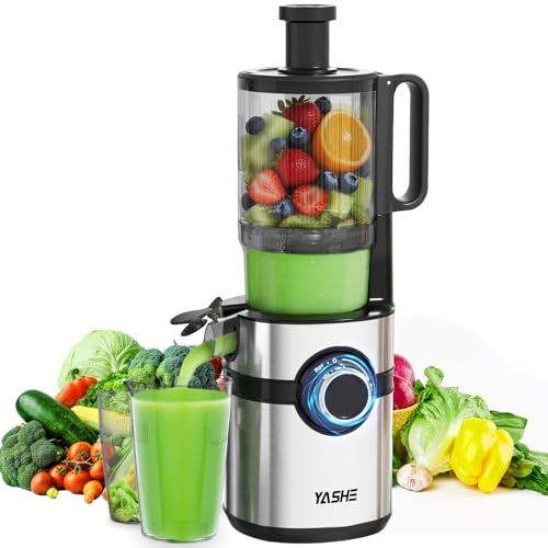 Extractor de zumos y verduras, YASHE juicer machine con boca de alimentación ancha de 12,7 cm para frutas y verduras enteras, licuadora prensado en frío con autoalimentación, alto rendimiento de zumo,