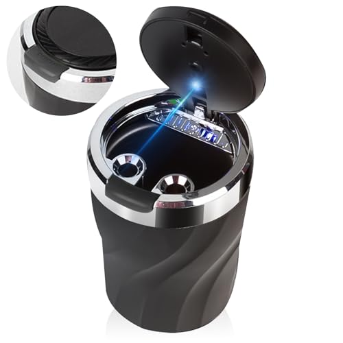 Cendrier Voiture, cendrier de voiture avec couvercle à ressort, cendrier portable en acier inoxydable sans fumée avec lumière LED, pour voitures, fourgonnettes,...