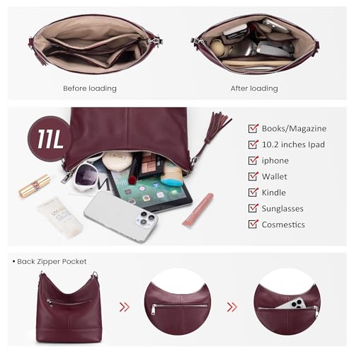 Image of Genuine Leather Hobo Crossbody Bag for Women, Soft Real Leather Bucket, Shoulder Handbag Purse with 2 Removable Strap