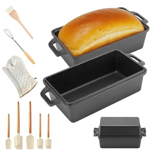 Baking Pans Set - Cast Iron Loaf Pan With Lid 9x5 Inch, Includes 2 In 1rectangular Baking Bread Loaf Pan,Whisk, Spatula, Oven Mitts, Cake Brush (Baking pan and all accessories)