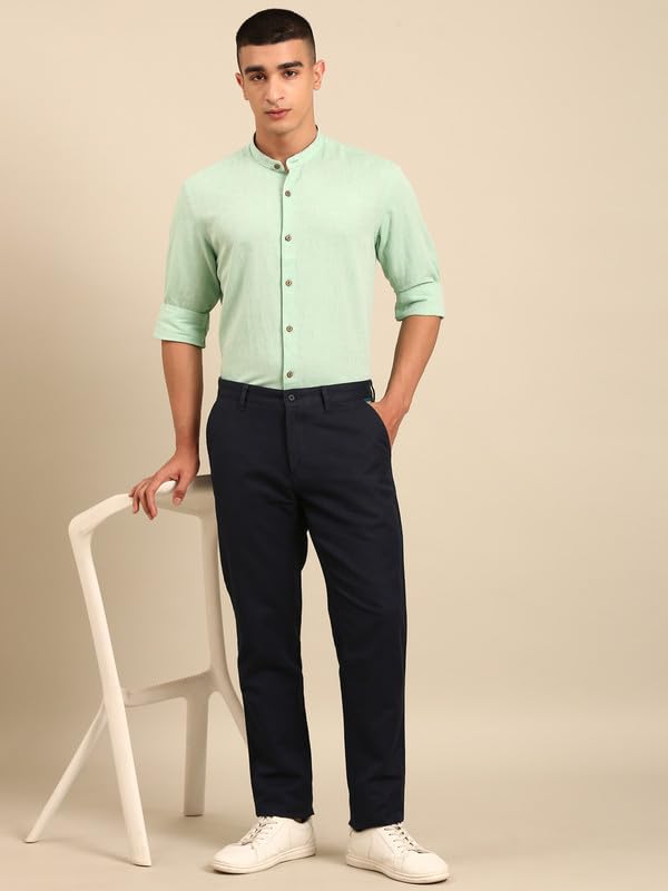 Image of Cavallo by Linen Club Men's Blended Linen Blue Solid Contemporary Fit Full Sleeve Casual Shirt