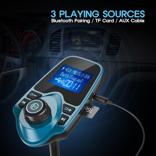 Image of Nulaxy Bluetooth Car FM Transmitter Audio Adapter Receiver Wireless Handsfree Voltmeter Car Kit TF Card AUX 1.44 Display - KM18 Peacock Blue
