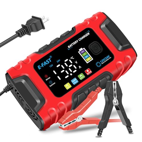 E-FAST Battery Charger, 10A Lifepo4 Lead Acid 12V/24V Smart Car Battery Charger Battery Maintainer Trickle Charger, Battery Desulfator with Temperature Compensation for Truck Moto AGM Boat Batteries
