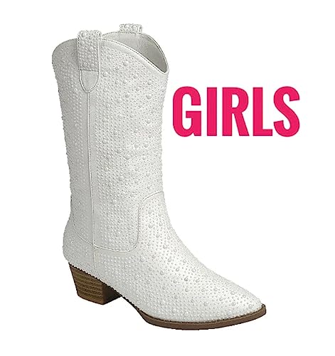 Forever Girls/Kids Rhinestone Western Cowgirl Cowboy Pointed Toe Low Heel Boots2