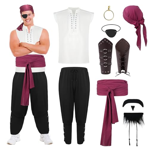 HFZCV 11 Pcs Pirate Costume Men Adult Set Medieval Renaissance Shirt & Ankle Banded Pants with Viking Accessories Beard Arm Guards - Mens Fancy Dress for Halloween Cosplay Carnival - White L