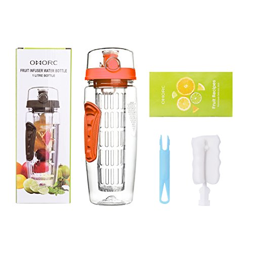 OMORC 32 OZ Sport Fruit Infuser Water Bottle, Flip Top Lid & Dual Anti-slip Grips, BPA Free Infuser Water Bottle, Free Recipes and A Cleaning Brush Gifts, Ideal for Your Office and Home(Orange)
