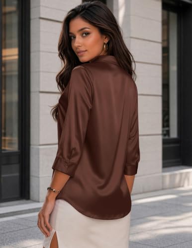 Image of Zeagoo Womens Satin Blouses Button Down Shirts 3 /4 Sleeve Dressy Tops S-2XL