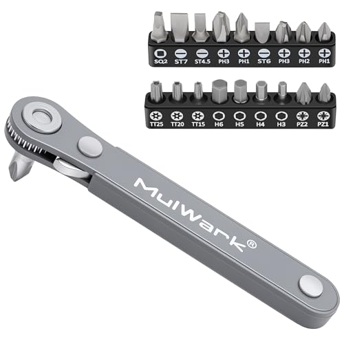 Image of MULWARK 20pc 1 /4 Ultra Low Profile Mini Ratchet Wrench Close Quarters Screwdriver Set with High Torque - Right Angle EDC Tool with 90 Degree Mini Offset Reversible Drive Handle & Multi Hex Bits Set