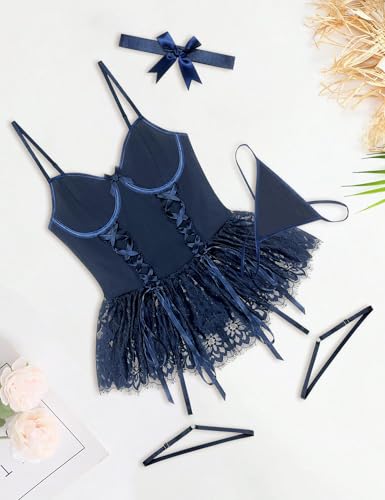 Image of Mixxmix Women Sexy Lingerie Set Naughty Lace Up Corset Bodysuit Underwire Lingerie Babydoll With Garter Belt and Bow Tie