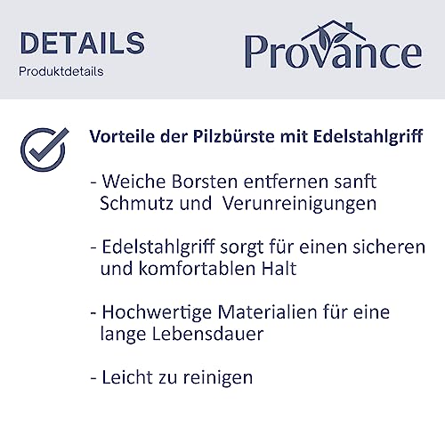 Provance Pilzbürste mit Edelstahlgriff 4,5 cm Umfang Weiche Borsten zur sanften Reinigung Reinigungsbürste Schmutzbürste Champignons Leicht zu reinigen Silber Edelstahl Hygienisch