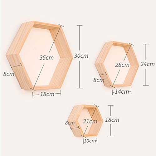 HJW Praktische opbergrek Punch-free zeshoek drijvende plank sets van 3, houten wandhouder opbergrek voor fotolijst boek plantenpot 1Huiyang-01020, groot - Image 3