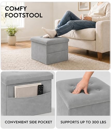 Image of ZOES HOMEWARE Small Storage Ottoman Foot Rest, Velvet Ottoman with Storage and Side Pocket, Pink Foot Rest for Couch, Foldable Footstool Ottoman for Chair,Living Room&Dorm, 16 inchx12 inchx12 inch Grey