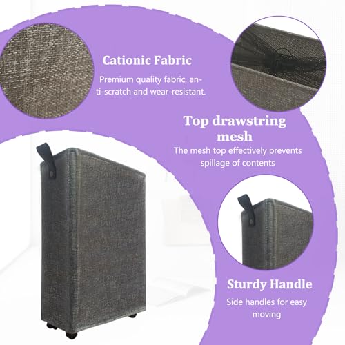 Image of Slim Rolling Laundry Basket with Wheels, 42L Narrow Laundry Hamper with Mesh Drawstring Cover & Handles, Collapsible Dirty Clothes Bin for Small Spaces, Dorm, Apartment, Bathroom, Dark Grey