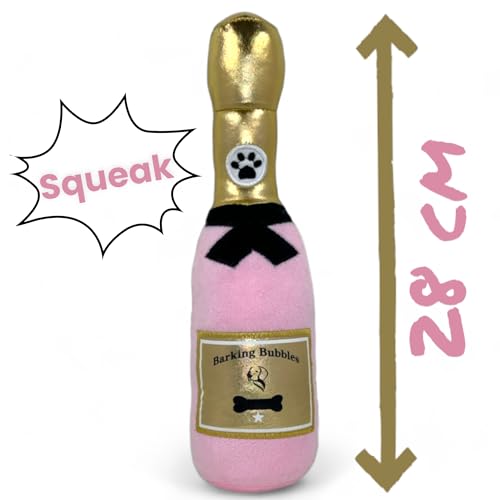 MIJOMA Hundespielzeug Barking Bubbles - Plüsch-Champagnerflasche für Hunde, Quietschgeräusch, Robustes Polyester, 28 cm (Rosa)