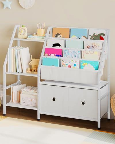 CHOEZON Bücherregal Kinder, Kinderregal, Kinderspielzeug Regal, Spielzeug Aufbewahrung mit 4 Hängetaschen, 3 Ablagen und 2 Boxen, für Spielzimmer, Kinderzimmer, Klassenzimmer, Weiß DTCW10WB