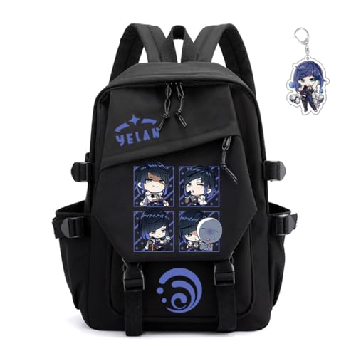 Genshin Impact Backpack Unisex Women Men Rucksack Furina Xiao Scaramouche Kawaii Backpack, Free Keychain (Black-Yelan)