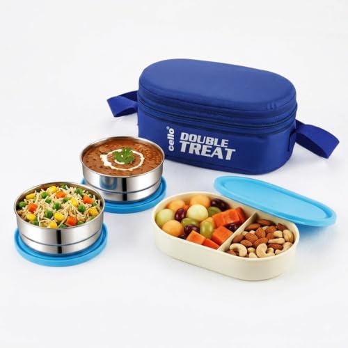 CELLO Double Treat Set of 3 Pcs Lunch Box for Office Use with Jacket Blue | 2 x 300ml Stainless Steel Containers, 1 x Oval Container |Lightweight Leakproof Airtight Tiffin Box Case For School & Travel