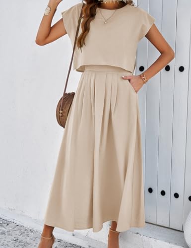Image of Mingzhu Womens 2 Piece Outfits Skirt Set Summer Casual Cap Sleeve Crop Tops Maxi Dress Sets with Pockets