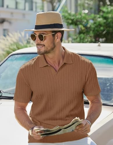 Image of Zilcon Mens Casual Polo Shirt Summer Short Sleeve Vacation Button Beach Knit Stretchy Golf Tshirts