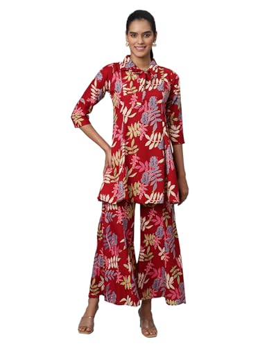 Image of AVANOVA Soft Maslin Silk V Neck Co-Ords Set for Women's | Printed Shirt & Bottom Set for Women | Suit Set | Two Piece Dress (CO-ODS 84 Maroon L)
