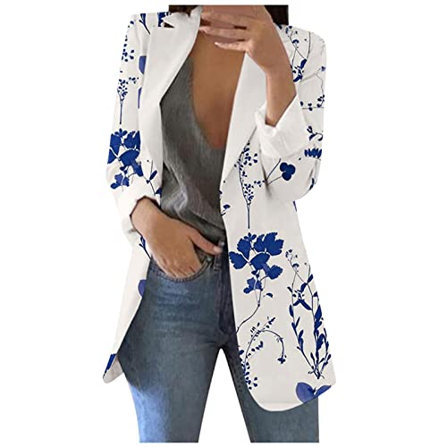 Blazer Damen Business Outfit Drucken Revers Langarm Jacke Arbeit Büro Open Front Cardigan Freizeit Sakko Mantel Sommer Sommerblazer(Dark Blue,L)