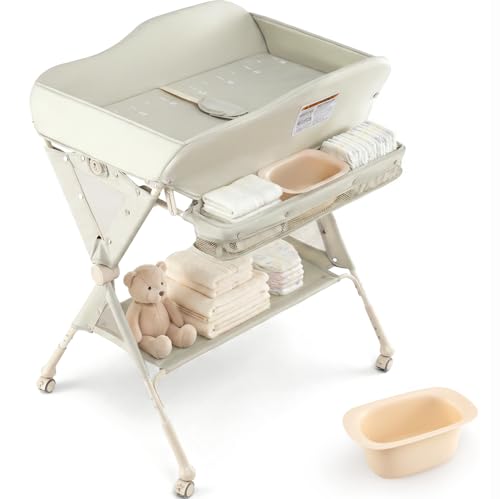 INFANS Baby Changing Table with Wheels, Portable Folding Diaper Station Nursery Organizer with Storage Basket, Hanging Rack, Adjustable Height, Safety Belt for Newborn Infant (Green)