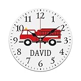 Excmoky Custom Red Fire Truck Clock PVC, Personalized Child Name Wall Clock Silent Non-Ticking Battery Operated Clocks Easy Read Hang Clock Kitchen Bedroom Office 10'