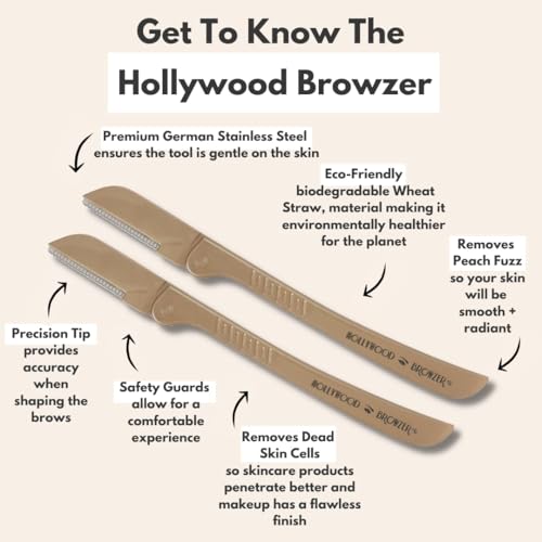 Hollywood Browzer Dermaplaning Blades for Face - Eyebrow Shaping - Removing Unwanted Hair and Peach Fuzz - Exfoliating Tool for Women - Face Razor for Women - Facial Hair Remover - (Duo Gold)