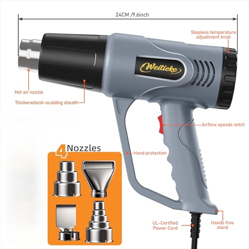 4Pcs Set Heat Gun, Heavy Duty Hot Air Gun Kit Dual Temperature Settings 572℉~1112℉ (300℃-600℃), Overload Protection for Crafts, Shrink Wrapping/Tubing, Paint Removing, Epoxy Resin (V-F3000A)