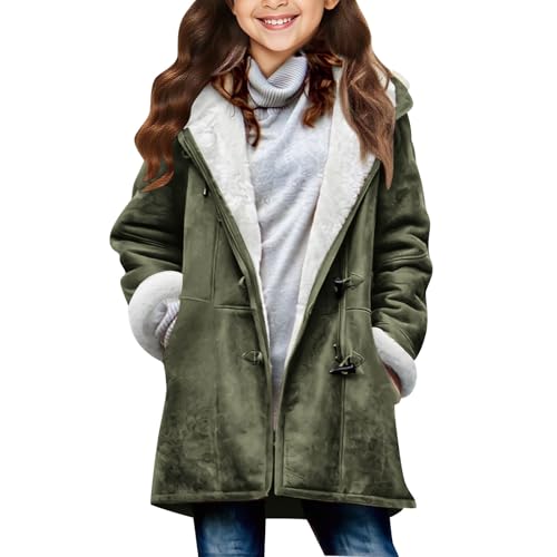 Girls Fleece Jacket Suede Sherpa Lined Warm Winter Coats with Hood Faux Fur Thermal Button Down Hooded Parka Coat
