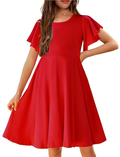 Arshiner Girl's Summer Dresses Ruffle Short Sleeve Swing Flowy Midi Casual Sundress with Pockets