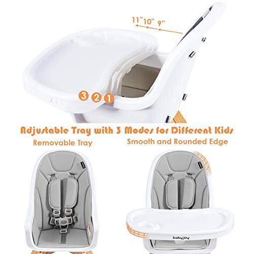 Baby Joy 3 In 1 High Chair, Baby Eat & Grow Convertible Wooden High Chair/Rocking Chair/Booster Seat/Toddler Chair, Infant Dining Chairs W/Double Removable Tray, 5-Point Seat Belt & Pu Cushion, Gray #TOP2