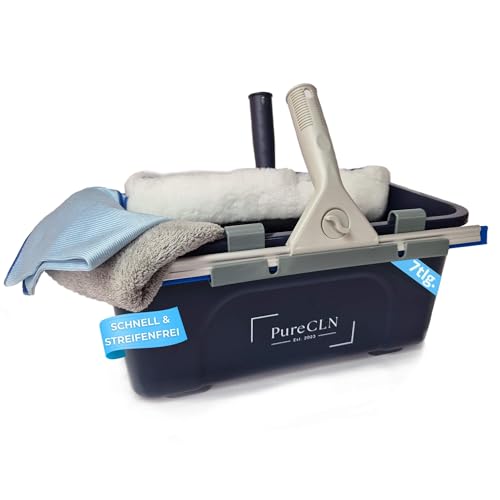 PureCLN Fensterputzer Set Professional 7tlg, Fensterreiniger Set mit Komfort-Halterungen, Fensterreinigung Schnell und Einfach, Fensterputz Set mit Eimer, Abzieher, Einwascher, 2X Mikrofasertuch