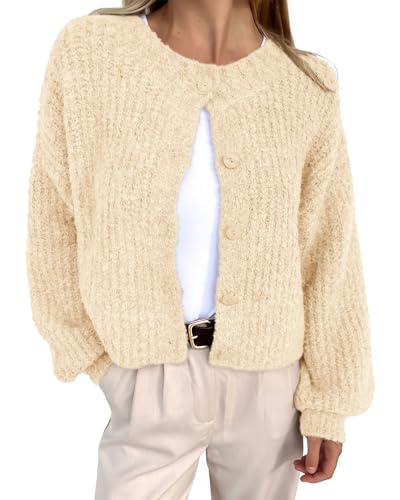 BTFBM Women's Chunky Knit Fall Cardigan 2024 Winter Long Sleeve Button Down Soft Loose Cropped Sweater Outerwear(Beige, Small)