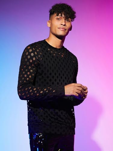 WDIRARA Men's Fishnet Knit Pullover Top Hollow Out Round Neck Long Sleeve Concert Tops3