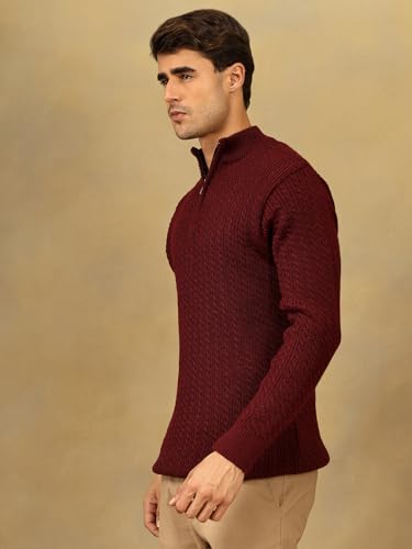 Image of Kvetoo Men's Full Sleeve High Neck Zipper Sweater| Warm Cable Knit Quarter Zip Pullover | Wool Winter Sweater for Casual & Office Wear