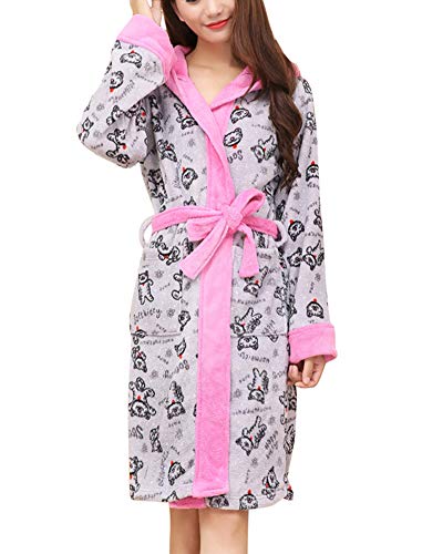 PengGengA Mujer Espesar Coral De Forro Polar Albornoz De Baño con Capucha Gato Impreso Nightgown Gato S