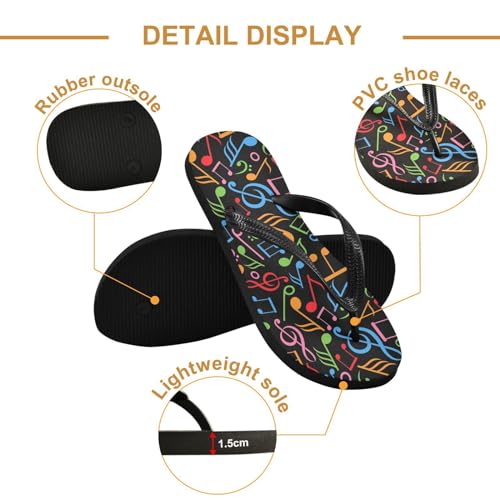 ALAZA Colorful Music Notes Black Flip Flops for Women Fashion Beach Slippers Comfort Mens Flip Flops Non-Slip Rubber Shower Slippers Sandal for Hotel Travel Sport,XS3