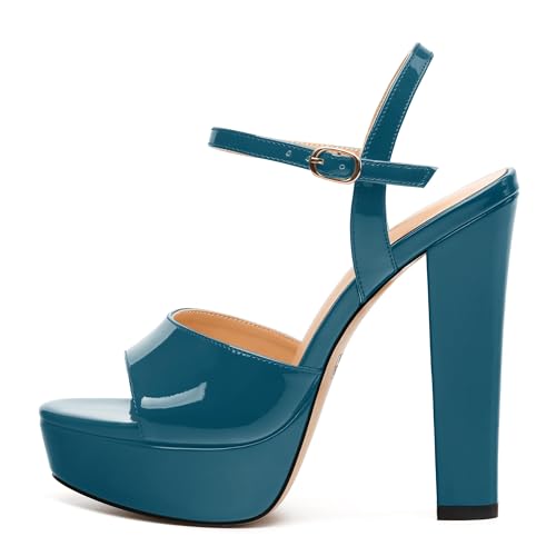 Womens Sandals, Round Open Toe Platform Sandals, Adjustable Ankle Strap Buckle High Heels, Fashion Solid Patent Sandals2