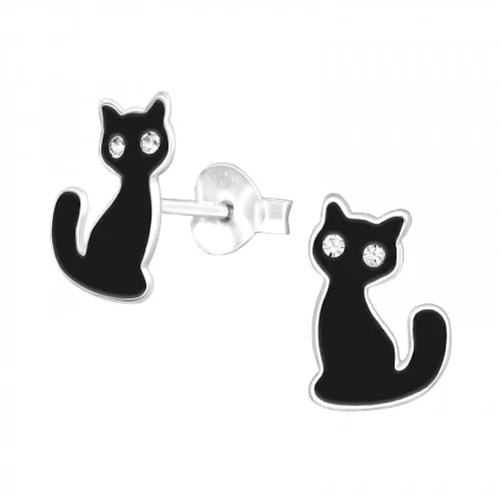 LaimonsPendientes para niña con diseño de gato, color negro brillante, de plata de ley 925, Plata