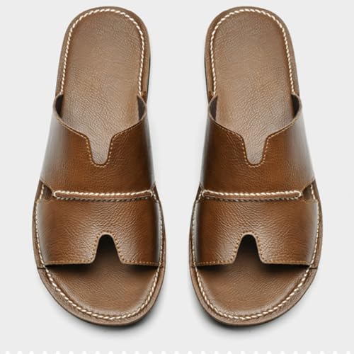 Men's Genuine Leather Flat Sandals Summer Classic Round Toe Slip-On Soft Sole Beach Walking Slippers4