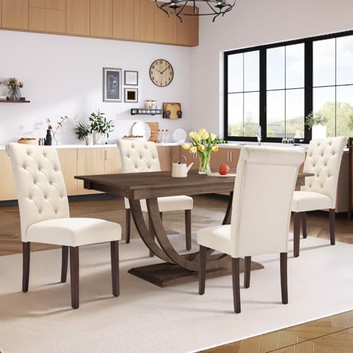 COLAMY Tufted Dining Chairs Set of 4, Accent Parsons Diner Chair Upholstered Fabric Stylish Kitchen Chairs with Solid Wood Legs and Padded Seat, Beige