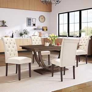 COLAMY Tufted Dining Chairs Set of 4, Accent Parsons Diner Chair Upholstered Fabric Stylish Kitchen Chairs with Solid Wood Legs and Padded Seat, Beige
