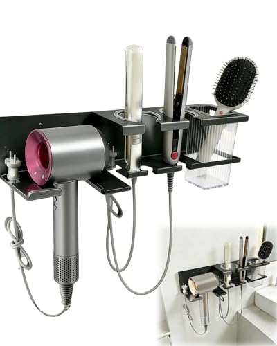 AmoreTempo Fönhalter ohne Bohren, Upgrade 4-in-1 Föhnhalterung mit 2 Glätteisen Halterung & Aufbewahrungsbox – Selbstklebende Haartrocknerhalterung für Dyson, Philips, Braun mit Bad, Schlafzimmer